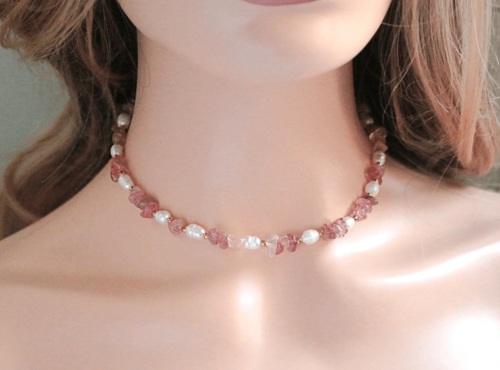 Natural Strawberry Quartz & Freshwater Pearls Choker