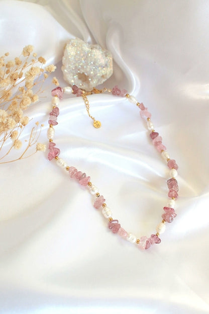 Natural Strawberry Quartz & Freshwater Pearls Choker