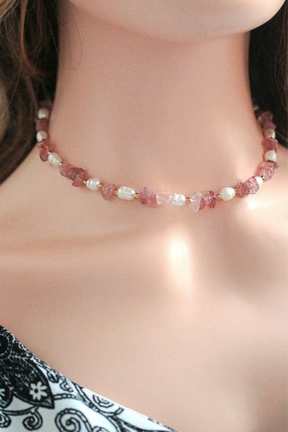 Natural Strawberry Quartz & Freshwater Pearls Choker