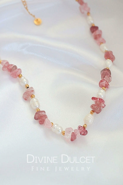 Natural Strawberry Quartz & Freshwater Pearls Choker