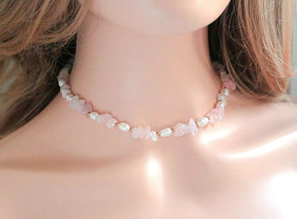 Natural Rose Quartz & Freshwater Pearls Choker