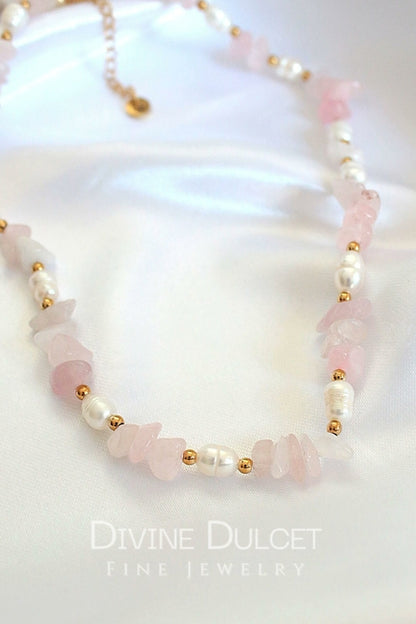 Natural Rose Quartz & Freshwater Pearls Choker