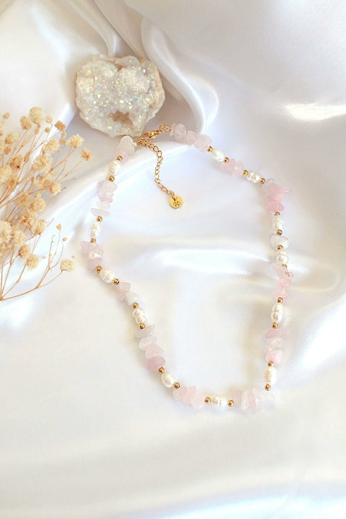 Natural Rose Quartz & Freshwater Pearls Choker